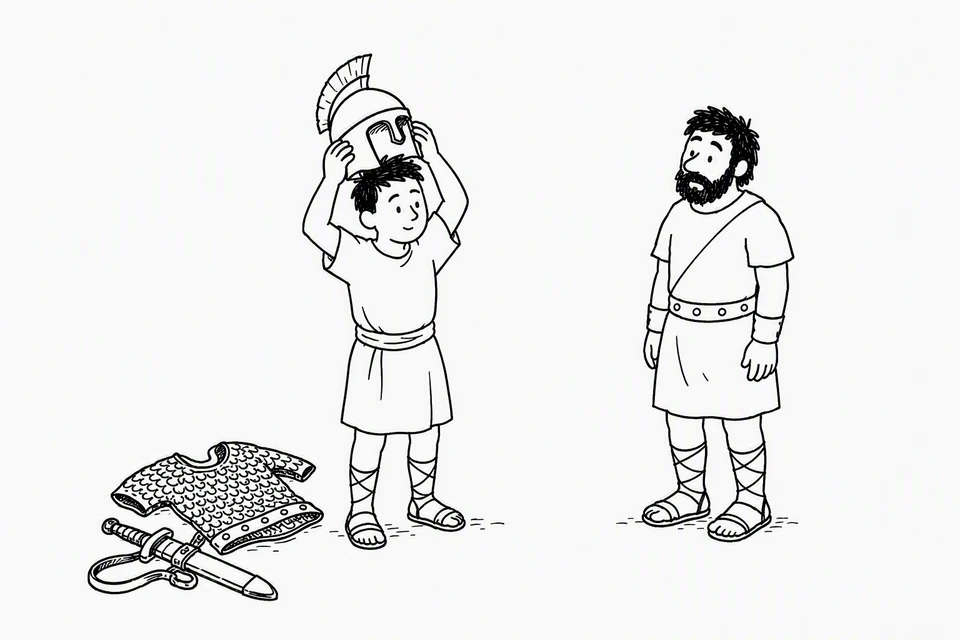 Bible illustration for I Samuel 17:38–40. A young person lifts a large crested helmet above their uncovered head while an older bearded man watches. With a mail shirt and sheathed sword on the ground, the most natural reading is taking off or setting aside military equipment.