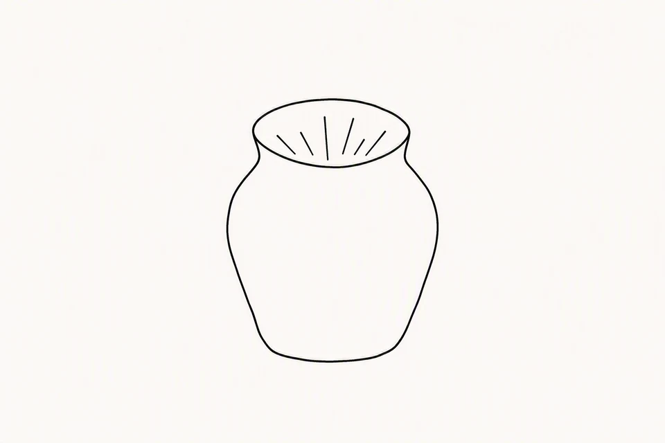 Bible illustration for II Corinthians 4:7–9. A plain open jar or pot contains something radiant or noteworthy. It can also be read simply as an empty vessel with short interior marks.