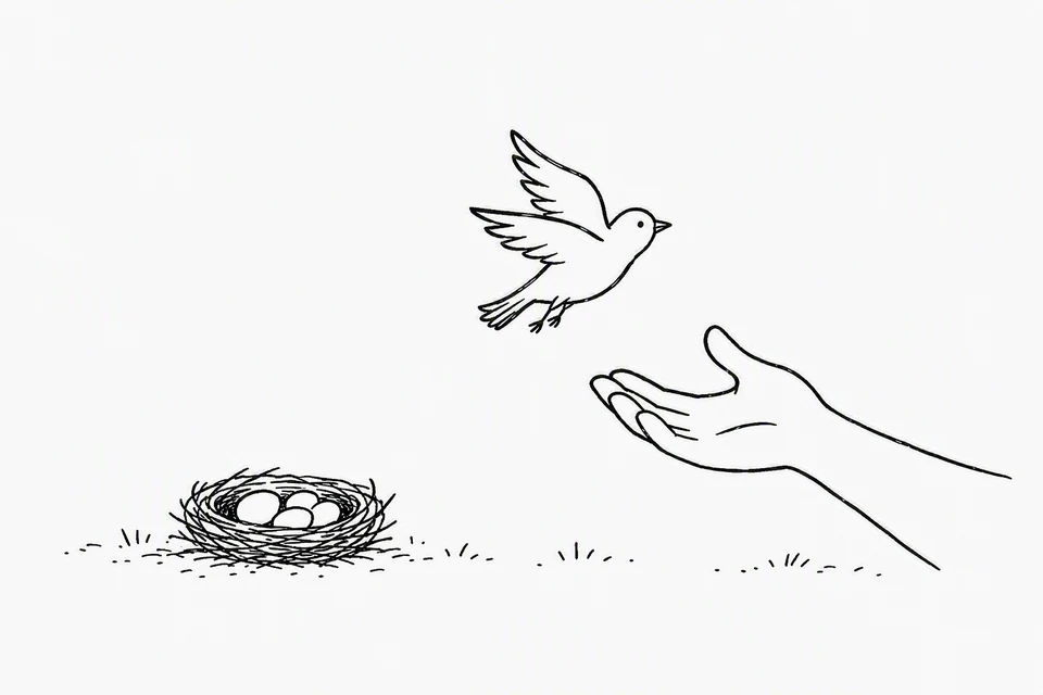 Bible illustration for Deuteronomy 22:6–7. An open hand appears to release or allow a bird to fly away while a nest of eggs remains on the ground nearby. Letting a bird go is the most natural action, with a possible theme of mercy or freedom.