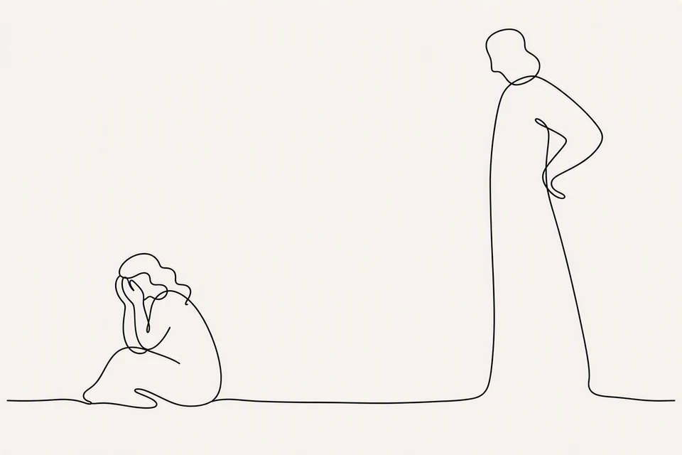 Bible illustration for Ecclesiastes 4:1. A distressed person sits with head in hands while another stands apart, apparently stern or detached.