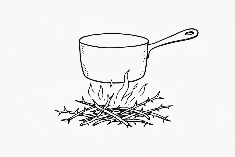 Bible illustration for Ecclesiastes 7:5–6. A cooking pot is heated by a fire made from thorn branches.
