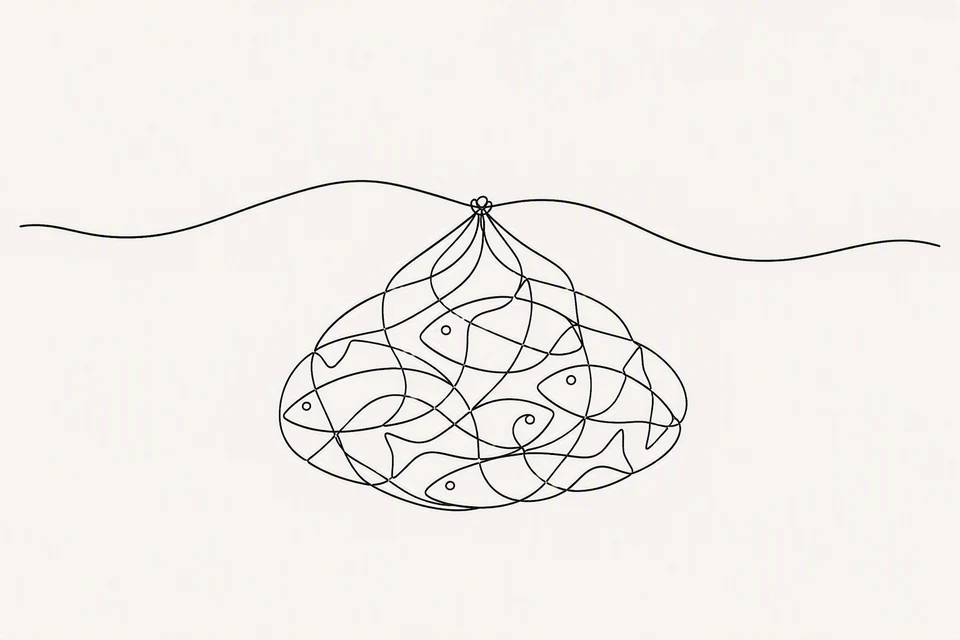 Bible illustration for Ecclesiastes 9:11–12. Fish have been caught together in a submerged net.