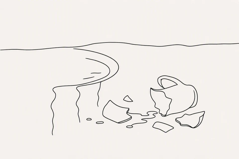 Bible illustration for Ecclesiastes 12:6–7. A water pitcher has broken and spilled beside a well or fountain.