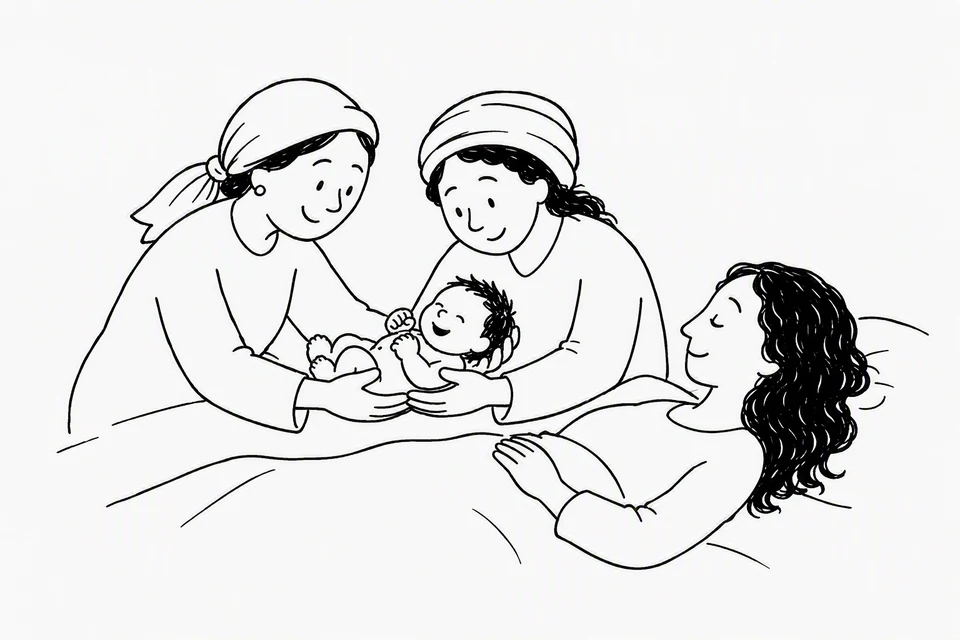 Bible illustration for Exodus 1:17. Helpers are caring for a newborn beside a resting mother.
