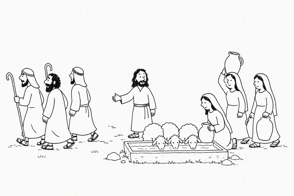 Bible illustration for Exodus 2:15–17. A man gestures after departing shepherds while women tend sheep at a watering place.