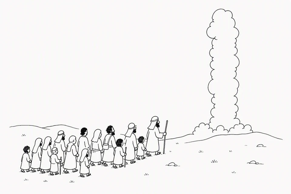Bible illustration for Exodus 13:21–22. A traveling group follows a leader toward a towering cloud or smoke column.