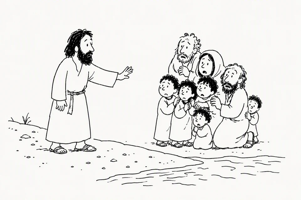 Bible illustration for Exodus 14:13–14. A man addresses and possibly reassures frightened people beside water.