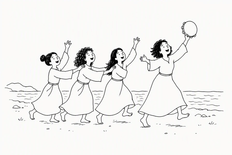 Bible illustration for Exodus 15:20–21. Women dance and make music in a joyful seaside procession.