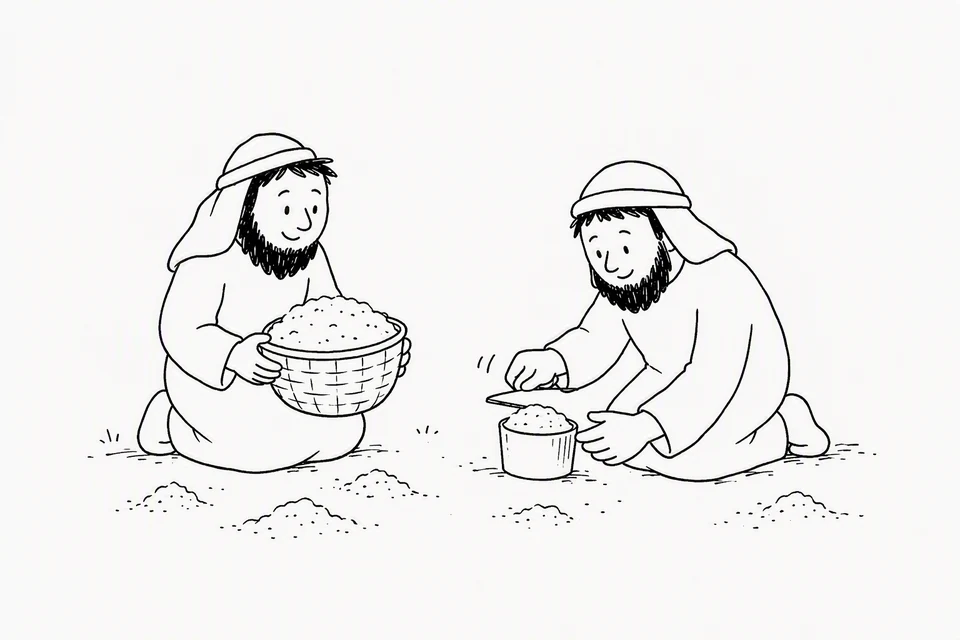 Bible illustration for Exodus 16:16–18. Two people gather and measure loose food or grain.