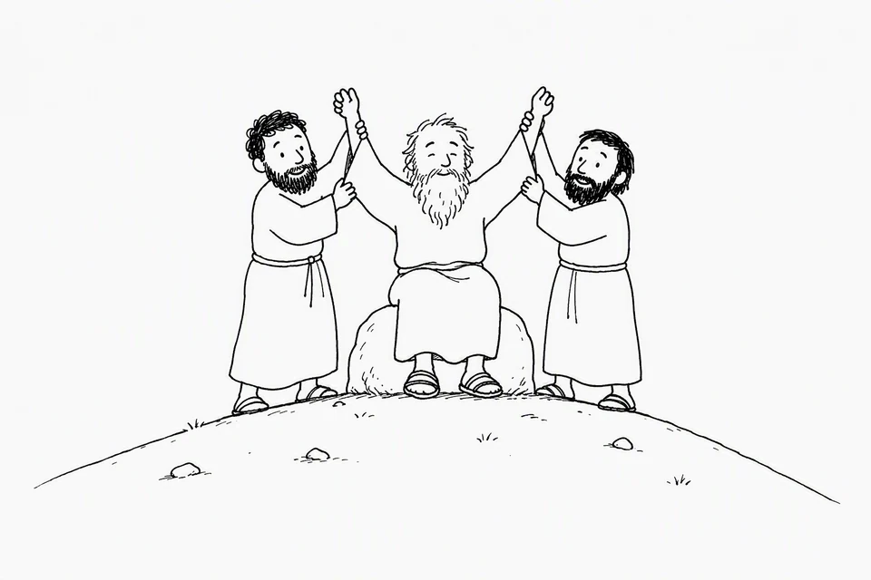 Bible illustration for Exodus 17:11–12. Two companions help an older man keep his arms lifted.