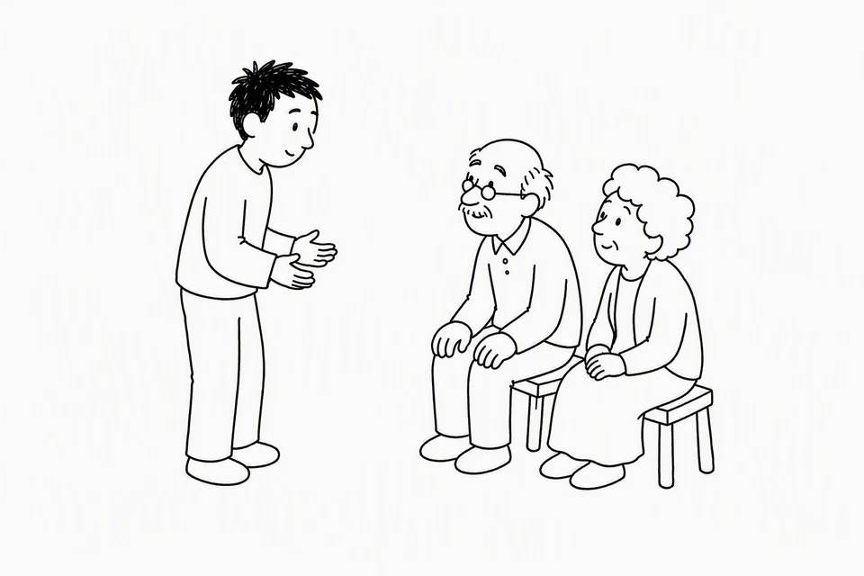 Bible illustration for Exodus 20:12. A younger person respectfully speaks with an elderly couple.