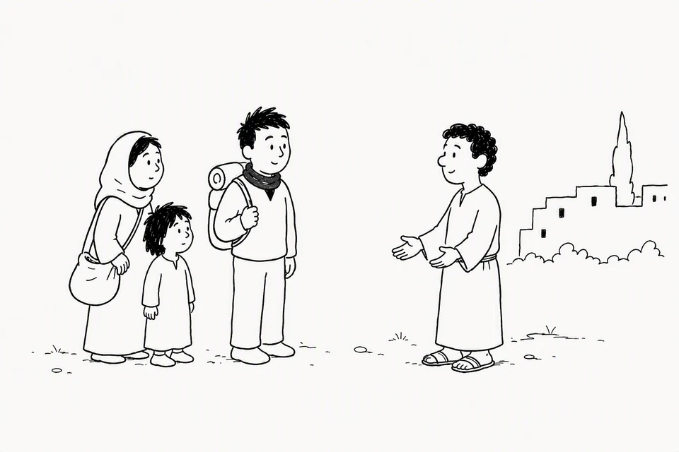 Bible illustration for Exodus 22:21–24. A local resident welcomes travelers near a settlement.