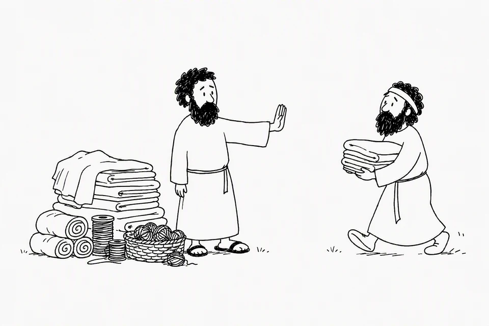 Bible illustration for Exodus 36:5–7. A person signals that no more cloth is needed because there is already a large stock.