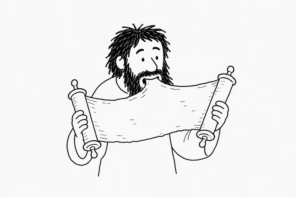 Bible illustration for Ezekiel 3:1–3. A bearded man holds an unrolled scroll and puts its upper edge into his mouth, apparently biting or eating it. The unusual action suggests taking in a written message literally or figuratively, although the scroll itself has no readable writing.