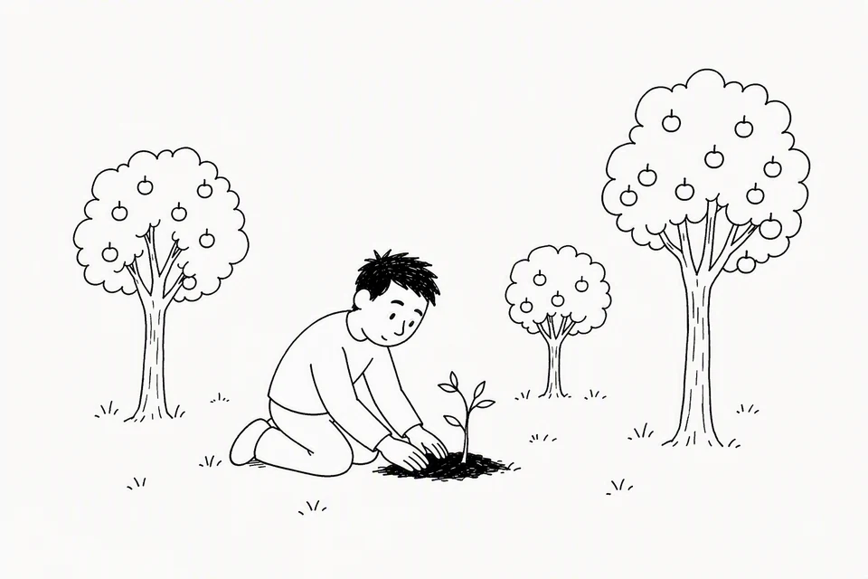 Bible illustration for Genesis 2:15. Someone is planting or tending a young tree in an orchard.