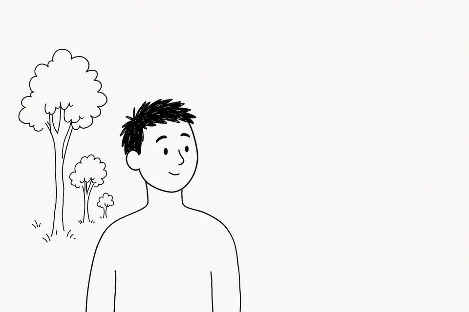 Bible illustration for Genesis 2:18. A person stands outdoors near trees and looks pleasantly ahead.