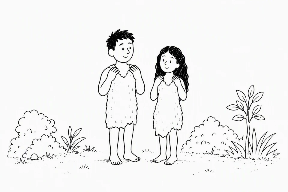 Bible illustration for Genesis 3:21. A pair of people outdoors are trying on, adjusting, or appreciating simple rough garments.