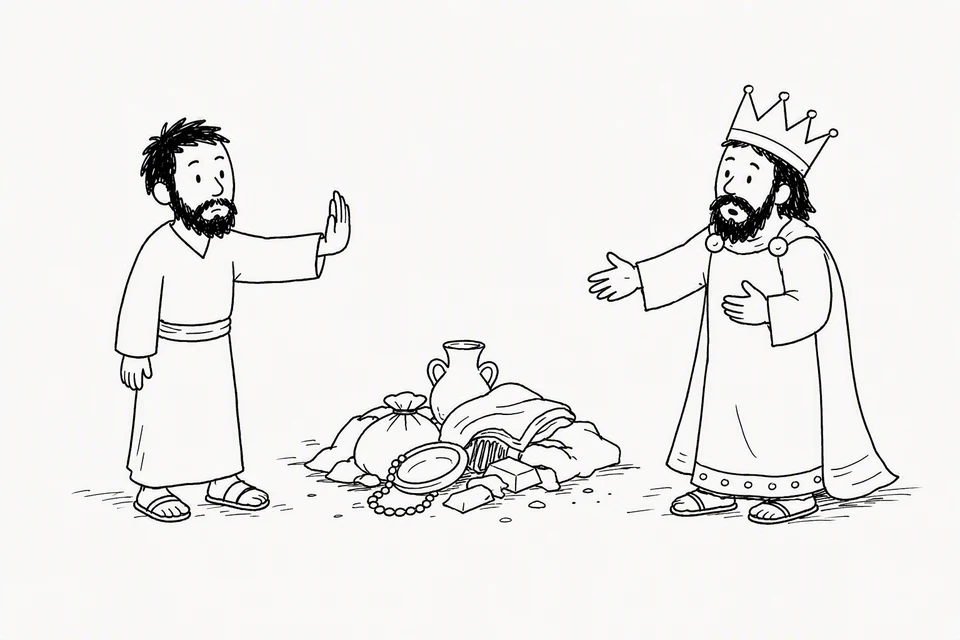 Bible illustration for Genesis 14:22–24. A man refuses wealth or gifts offered by a ruler.
