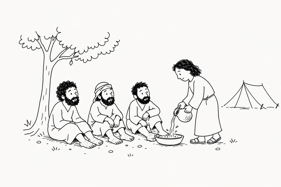 Bible illustration for Genesis 18:3–5. A host prepares water for guests to wash their feet at a camp.
