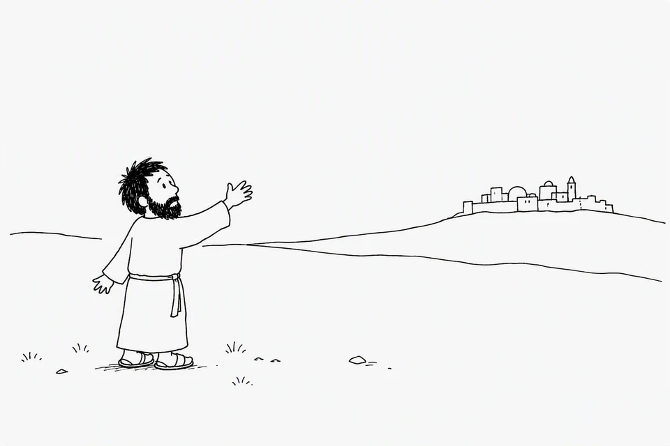 Bible illustration for Genesis 18:23–25. A man makes an appeal, prayer, or proclamation concerning a distant city.