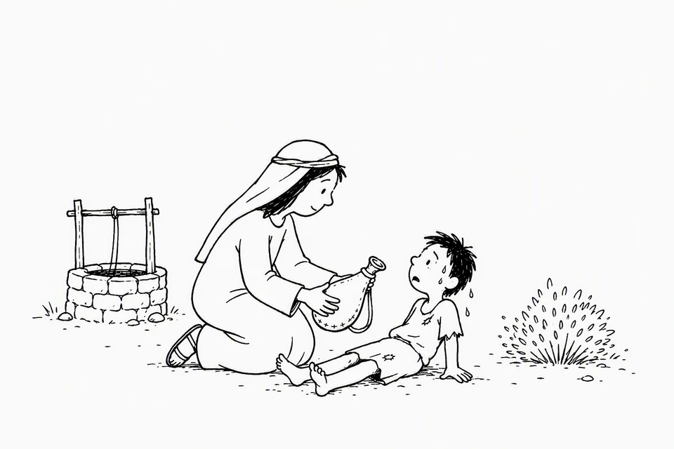 Bible illustration for Genesis 21:17–19. An adult brings drinking water to an exhausted or thirsty child near a well.