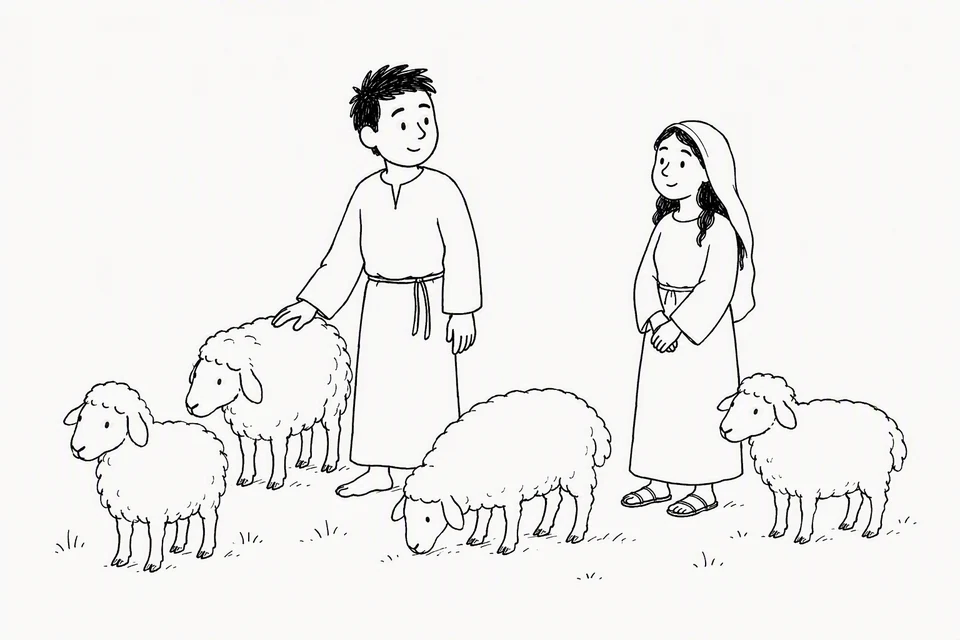 Bible illustration for Genesis 29:20. Two people meet or talk while tending sheep.