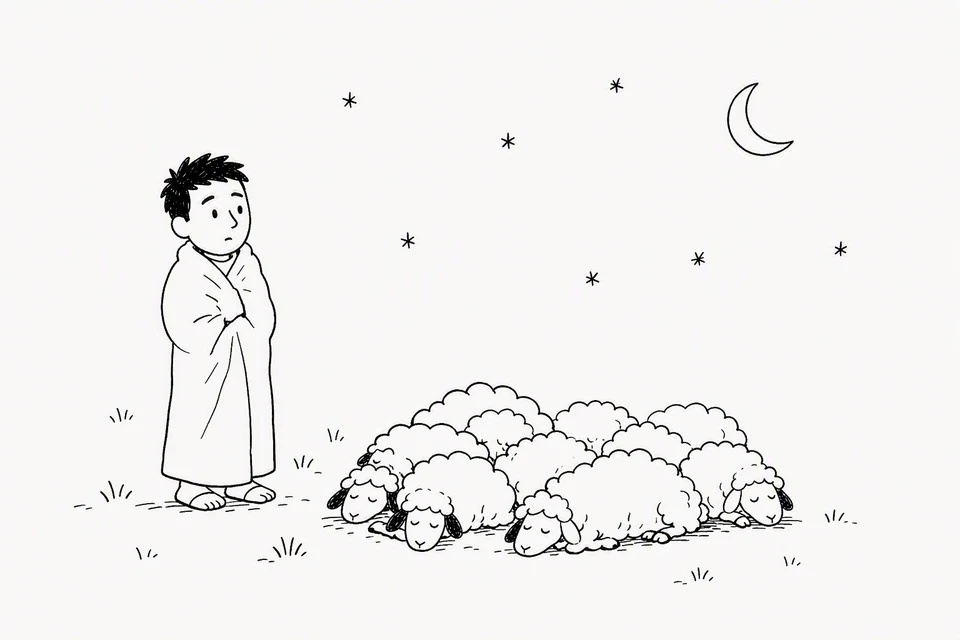 Bible illustration for Genesis 31:38–40. A shepherd keeps a chilly night watch over the flock.