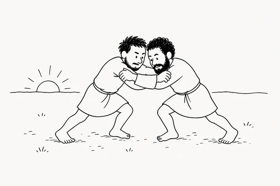 Bible illustration for Genesis 32:26–28. Two men wrestle outdoors at sunrise or sunset.
