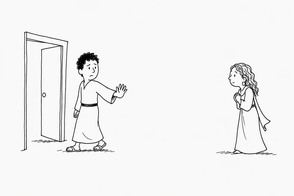 Bible illustration for Genesis 39:8–9. A man declines a woman's appeal and moves away through a doorway.