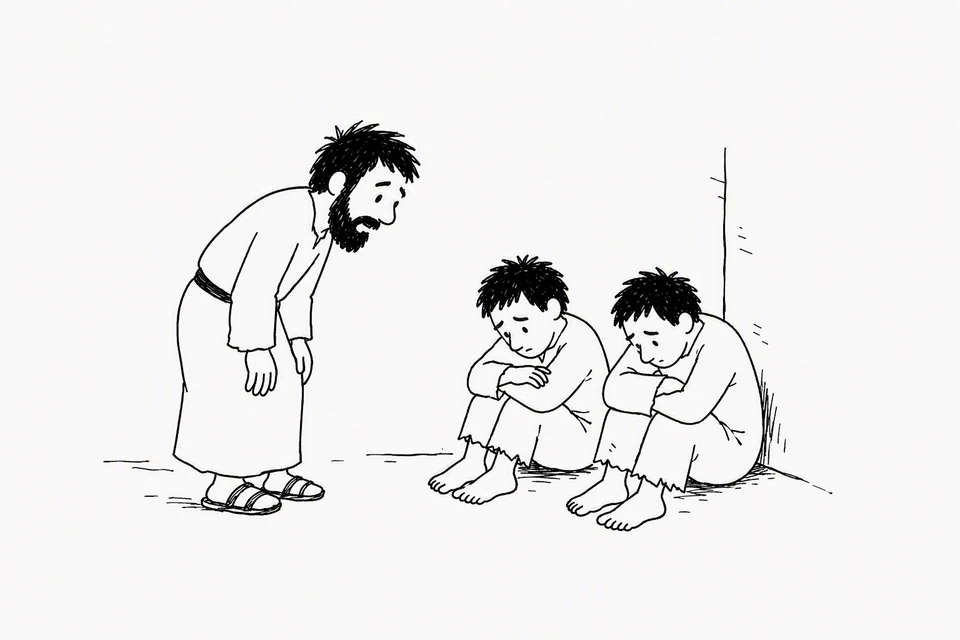 Bible illustration for Genesis 40:6–8. Someone notices two dejected people and leans in to ask what is wrong.