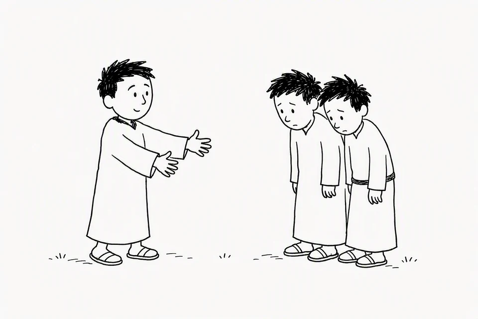 Bible illustration for Genesis 45:4–5. A person offers acceptance or reassurance to two ashamed people.
