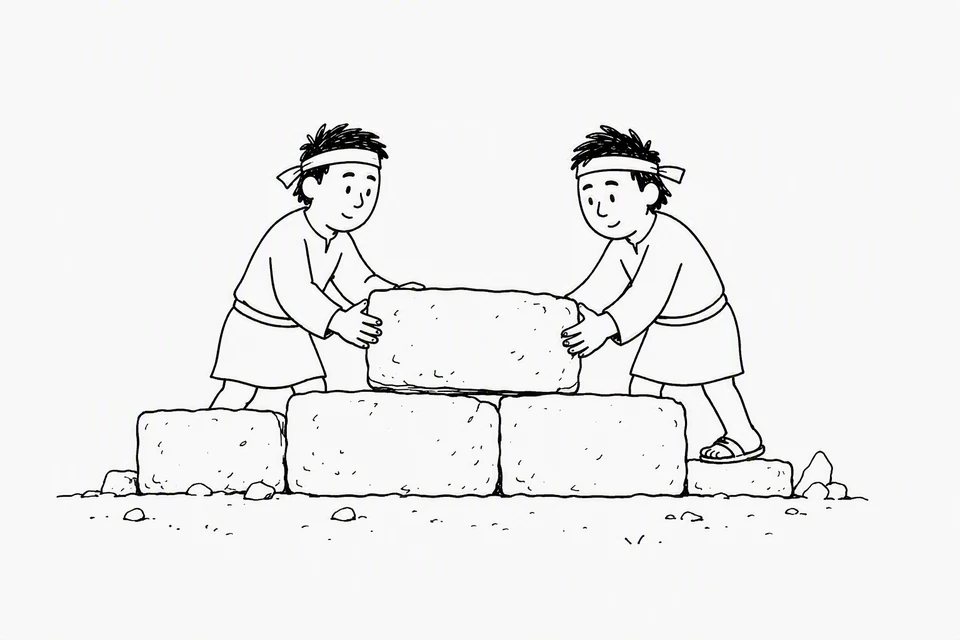 Bible illustration for Haggai 2:3–5. Two people build a wall together by lifting and placing a stone.