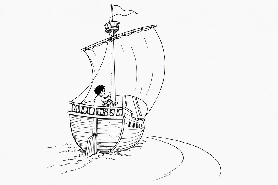 Bible illustration for James 3:4–5. A sailor steers a sailing ship through a turn. The natural meaning is directing a vessel, with a small steering mechanism controlling the larger ship.