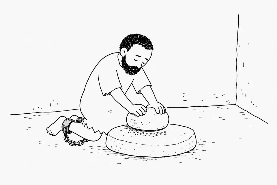 Bible illustration for Judges 16:20–21. A shackled man kneels on the floor and works a handheld stone over grains on a larger stone slab. The most natural reading is a prisoner or enslaved person doing forced grinding labor.