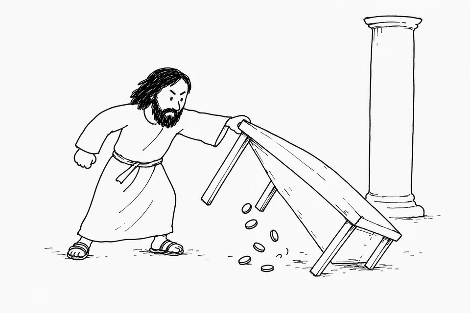 Bible illustration for John 2:15–17. An angry or determined robed, bearded man forcefully tips a table and scatters coins in a classical building. The scene naturally suggests Jesus overturning a money table in the temple.