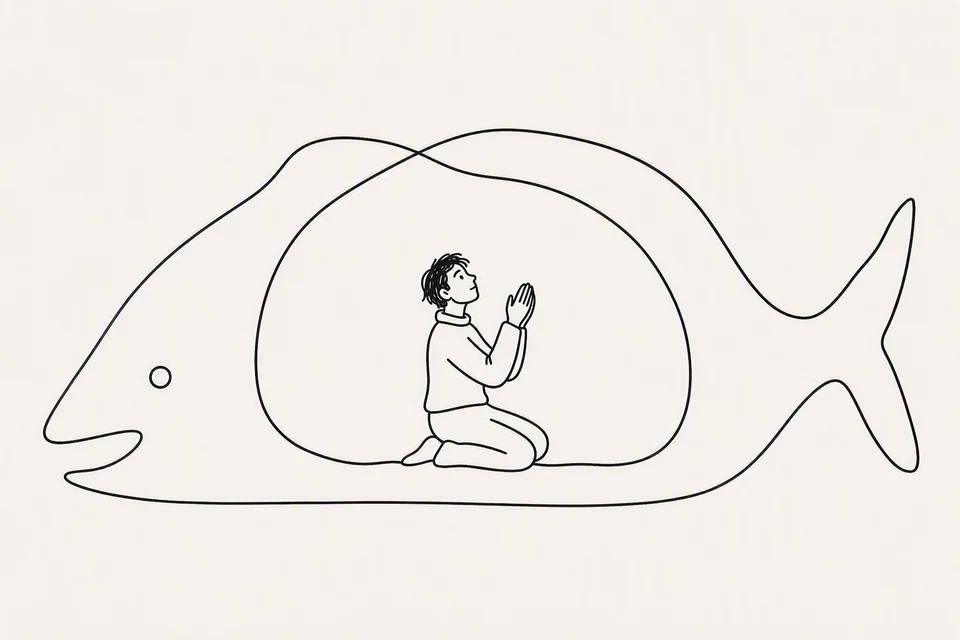 Bible illustration for Jonah 2:1–3. Someone prays inside a giant fish.