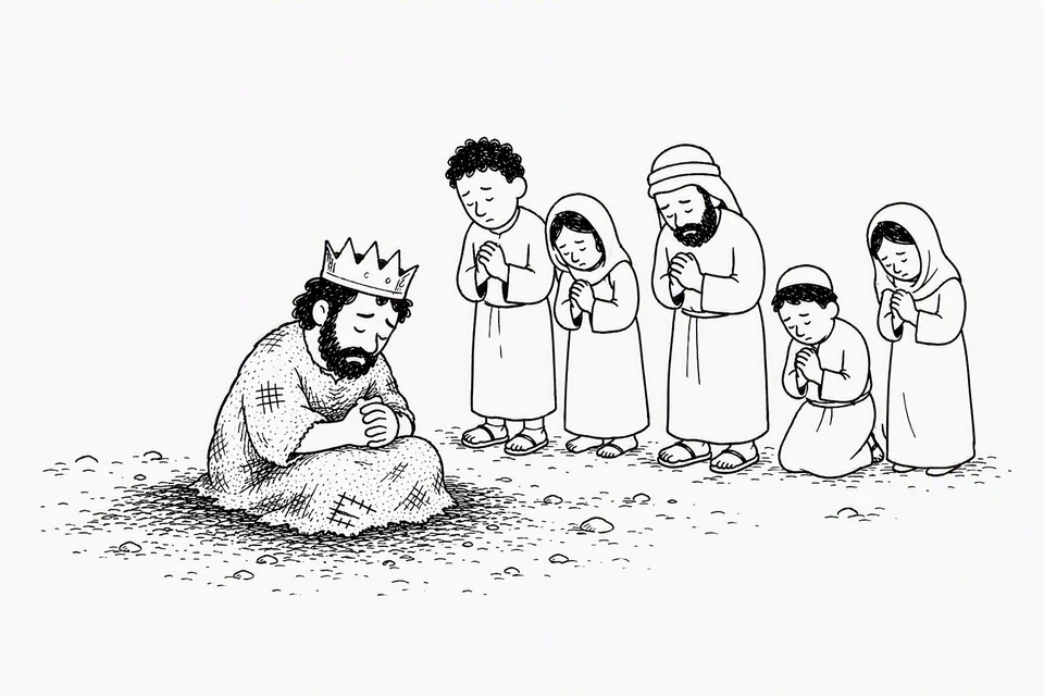 Bible illustration for Jonah 3:7–10. A king and other people pray or repent together.