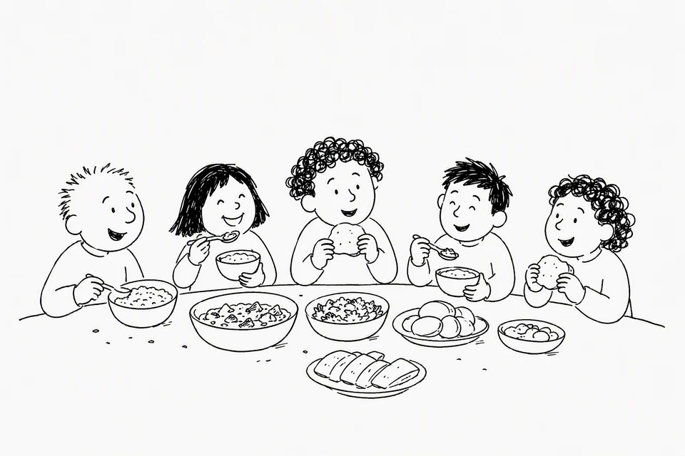 Bible illustration for Luke 1:52–55. A happy group enjoys a shared meal with plenty of food.