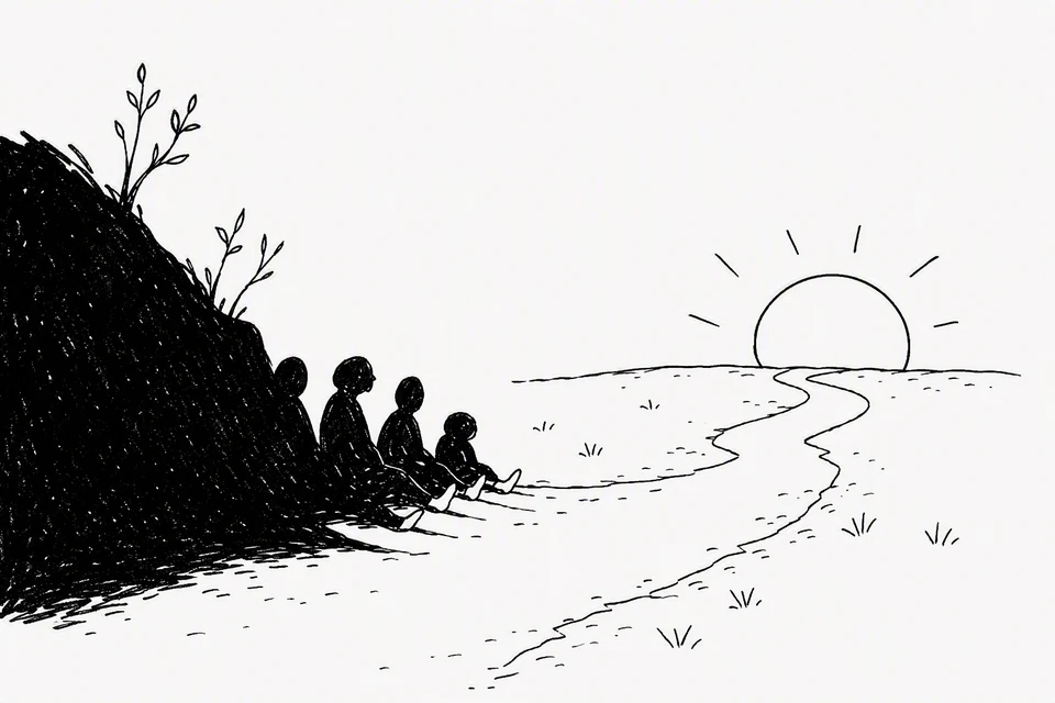 Bible illustration for Luke 1:76–79. People sit in deep shade looking toward a sunlit way ahead.
