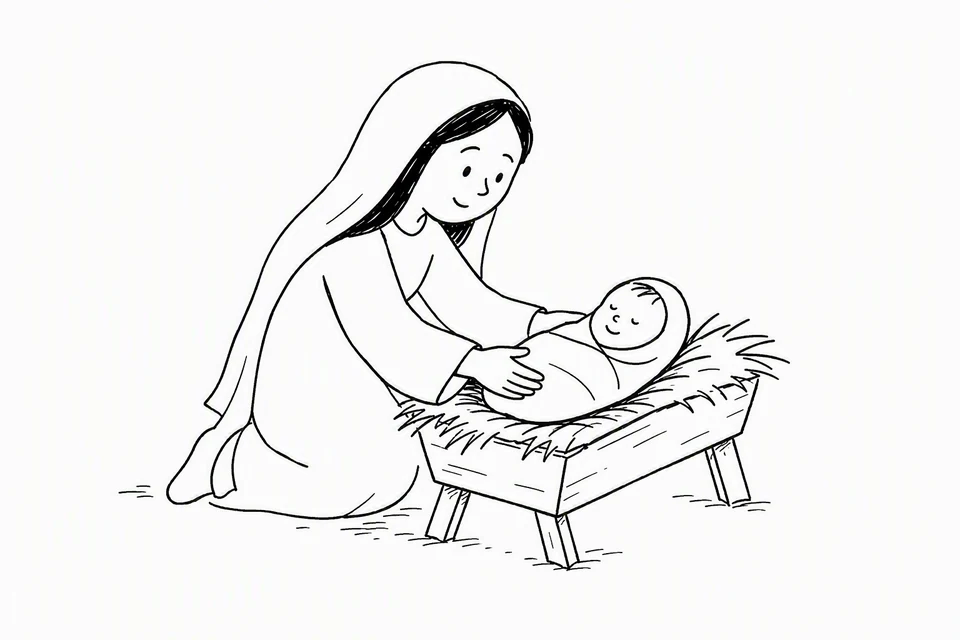 Bible illustration for Luke 2:7. A mother gently lays or settles her baby in a straw-filled manger.