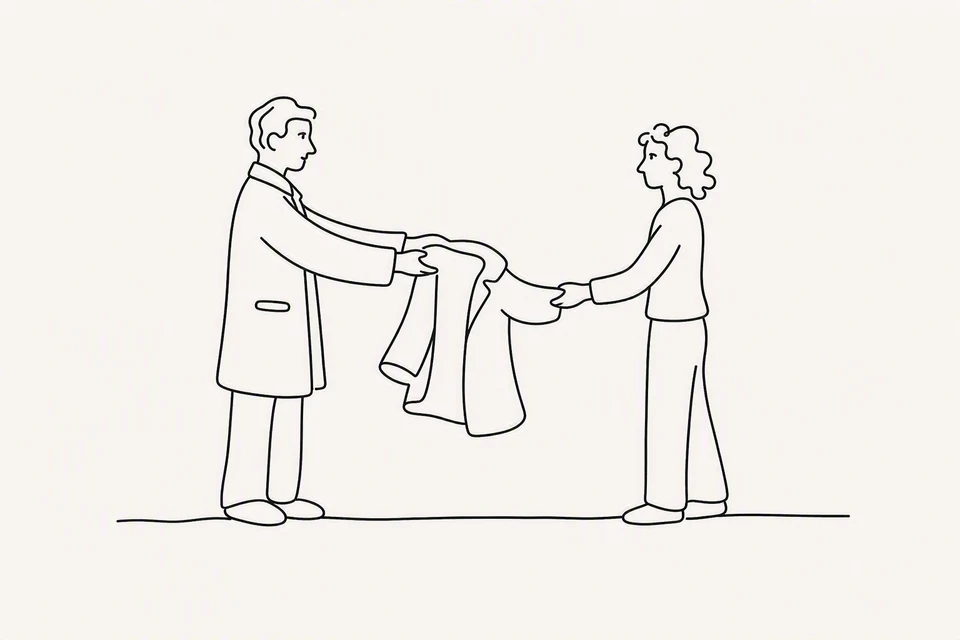 Bible illustration for Luke 3:10–11. A person who already has a coat offers another coat to someone else.