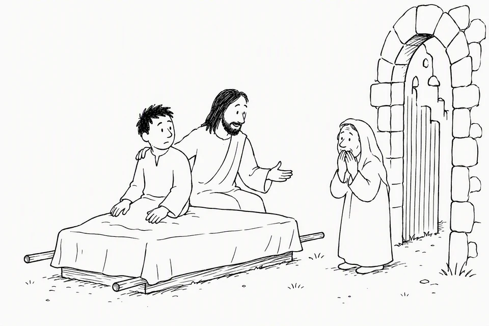 Bible illustration for Luke 7:13–15. A woman reacts with surprise to a young person sitting up on a stretcher beside a reassuring man.