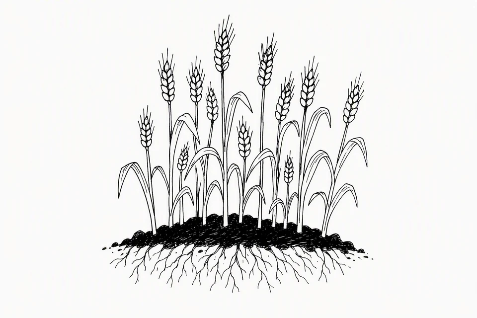 Bible illustration for Luke 8:11–15. A healthy rooted patch of grain grows and bears seed.