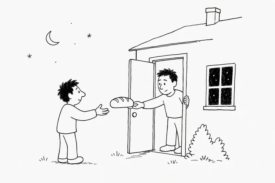 Bible illustration for Luke 11:5–8. Someone gives bread to a visitor who comes to the door at night.
