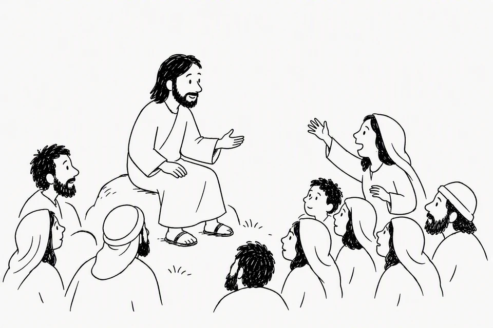 Bible illustration for Luke 11:27–28. A teacher speaks to a group while a woman raises her hand to address him.