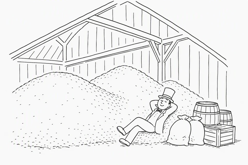 Bible illustration for Luke 12:19–21. A wealthy owner relaxes contentedly amid a large stockpile of provisions.