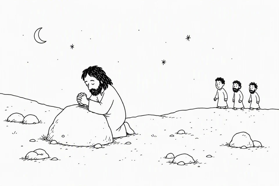 Bible illustration for Mark 1:35–38. Jesus praying alone at night while three followers remain at a distance.