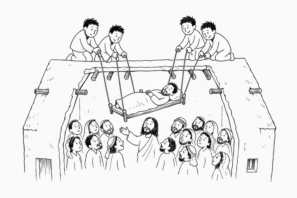 Bible illustration for Mark 2:3–5. Friends lower a sick or paralyzed man through the roof to Jesus in a crowded house.