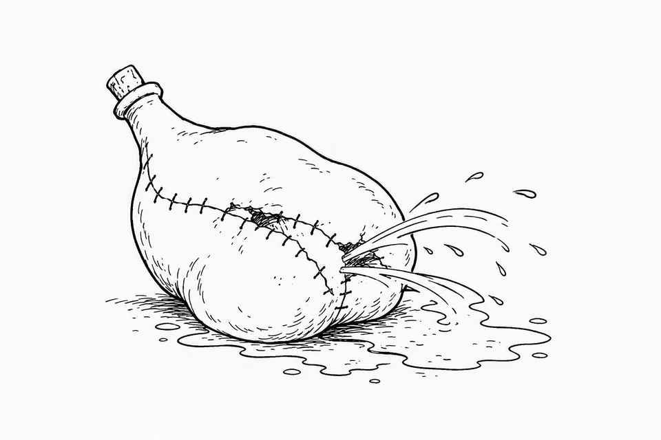 Bible illustration for Mark 2:21–22. An old or weakened wineskin bursts and loses its contents.