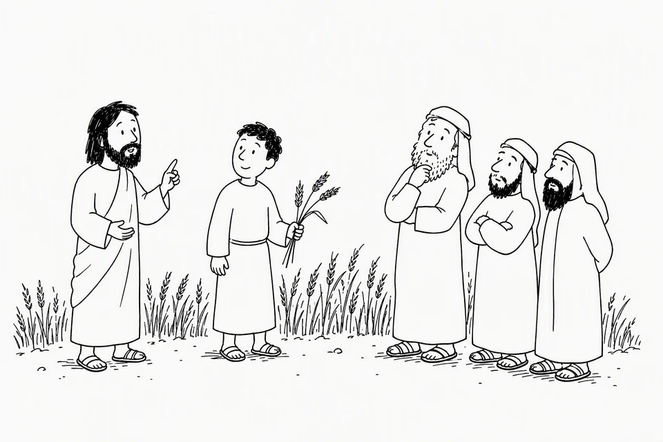 Bible illustration for Mark 2:27–28. Jesus explains or defends grain picking to questioning religious men.